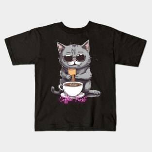 Funny "Coffee First" coffee drinking kitten Kids T-Shirt